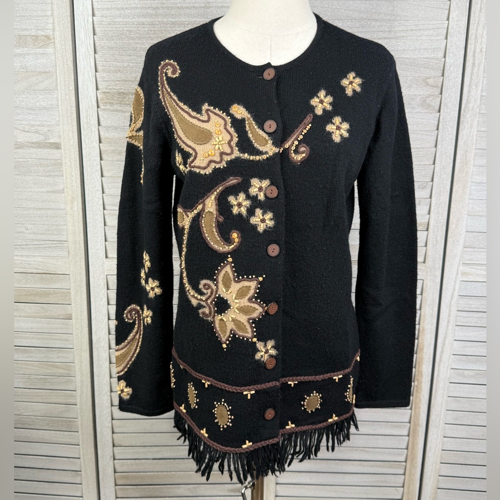 SUSAN BRISTOL Vintage Embellished Wool Cardigan Sweater Fringe Hem Black-Small